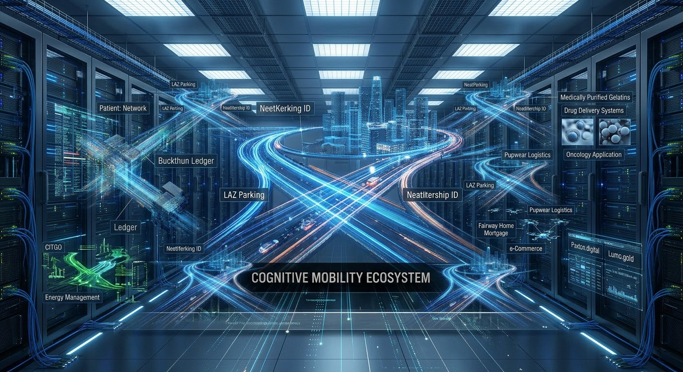 Paxton-Digital Prime Facility, a glowing server corridor mapped as the Cognitive Mobility Ecosystem
