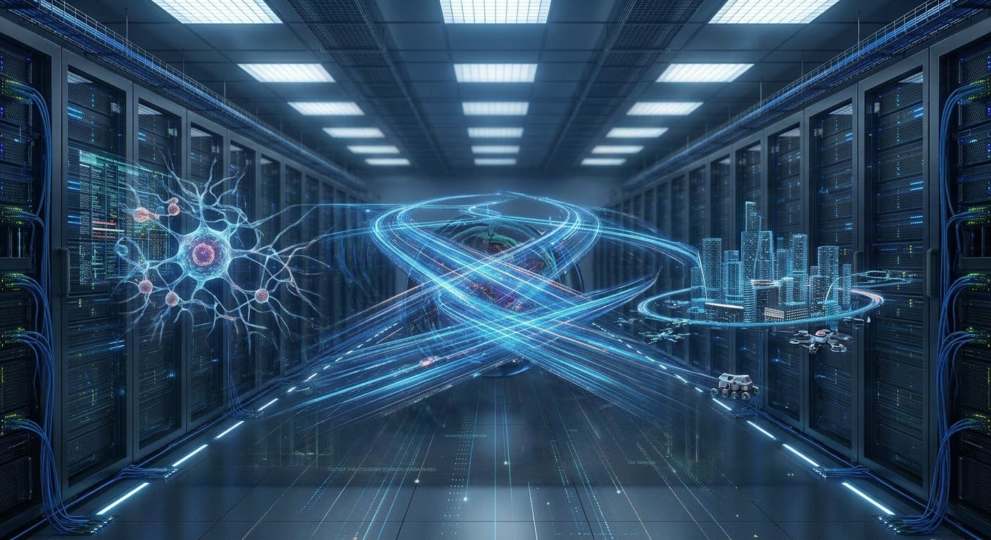 A glowing neuron on one side of a server corridor connects through streams of light to a miniature smart city and delivery drones on the other