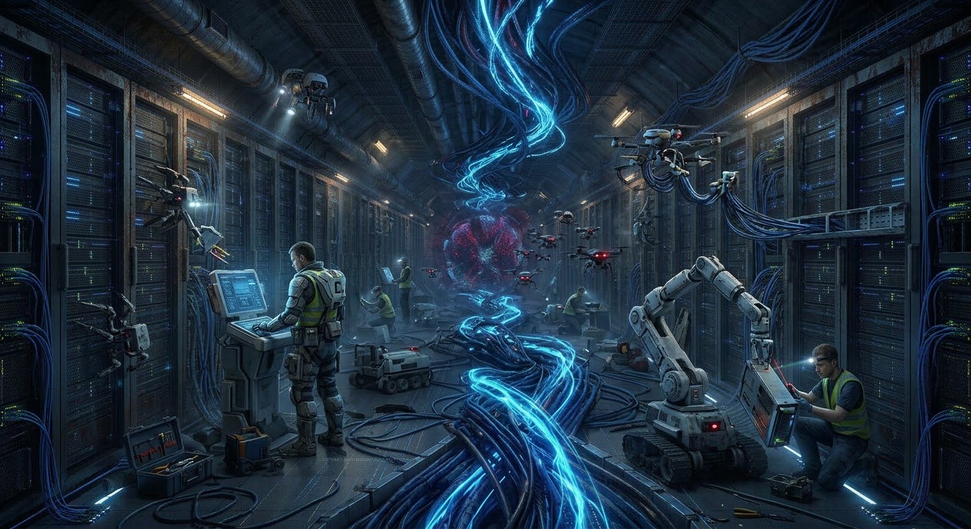 Technicians and robotic arms work in a server corridor as rivers of glowing data converge on a pulsing core, flanked by drones