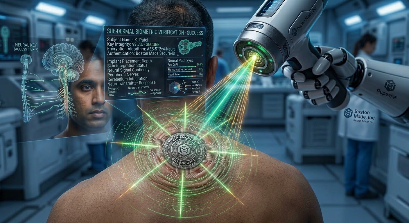A robotic arm performs a sub-dermal biometric verification scan while technicians in Boston Made and Pupwear branded lab coats look on