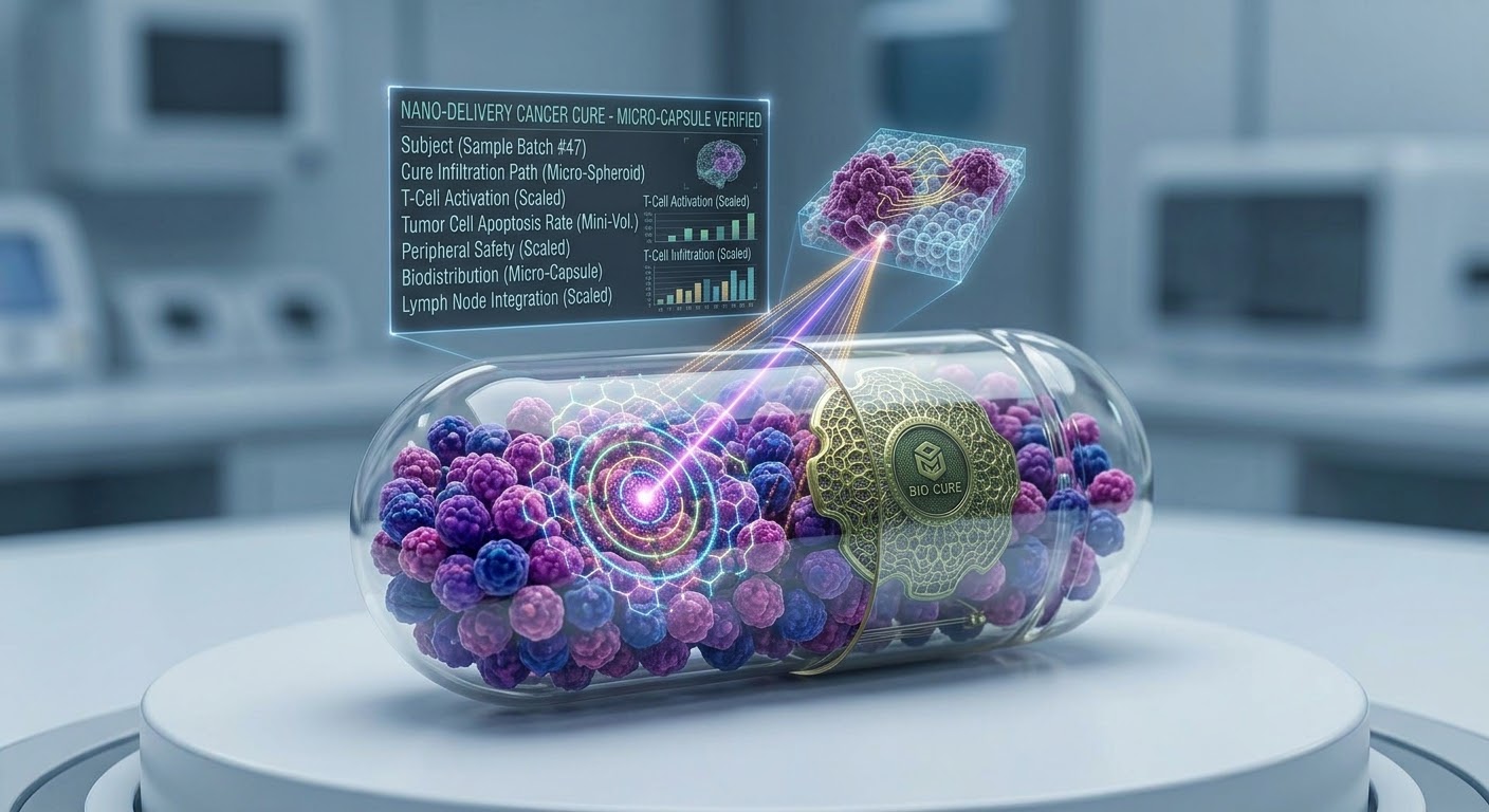 A translucent capsule filled with micro-spheres and glowing nano-delivery pathways, labeled nano-delivery cancer cure, micro-capsule verified