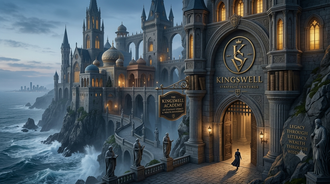 The Kingswell Academy at dusk, a cliffside citadel overlooking the sea