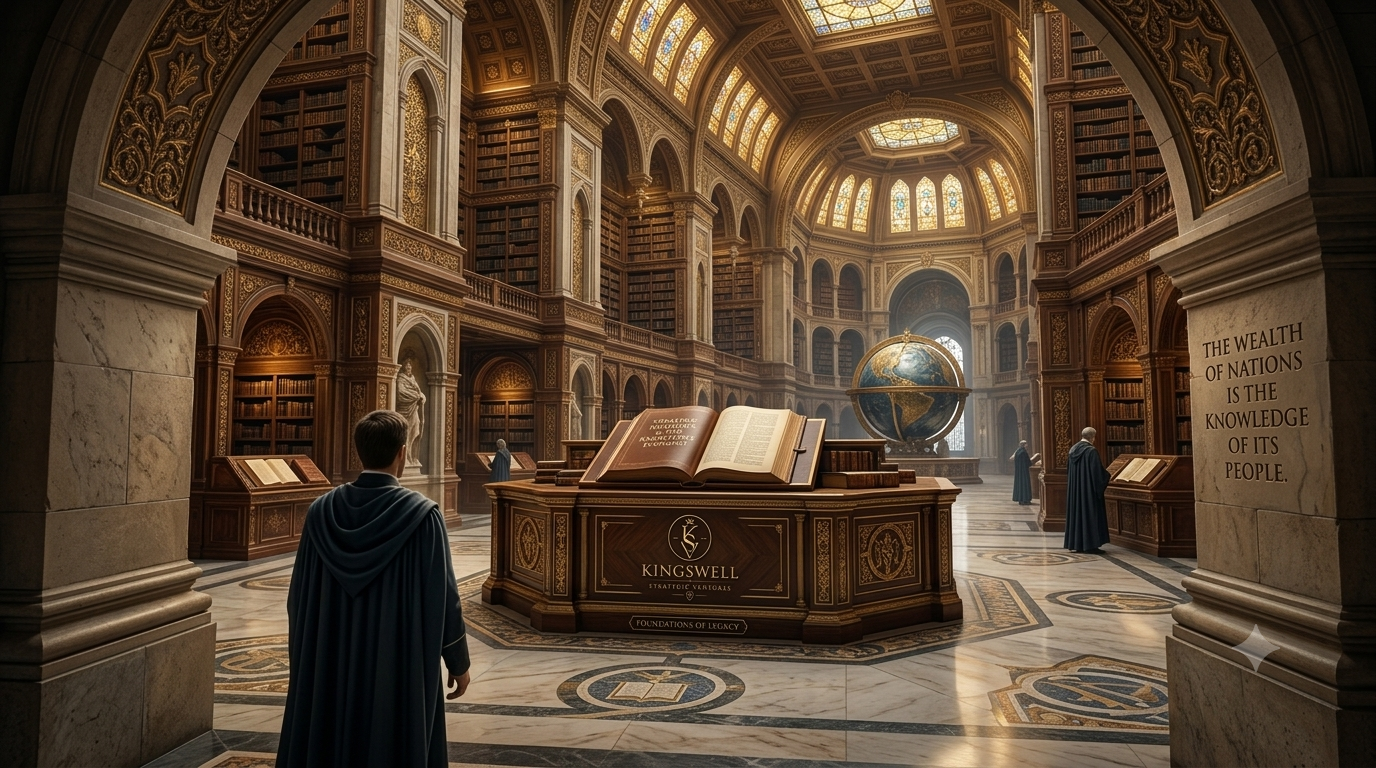 The Great Library of Kingswell, a domed hall of stained glass and shelves