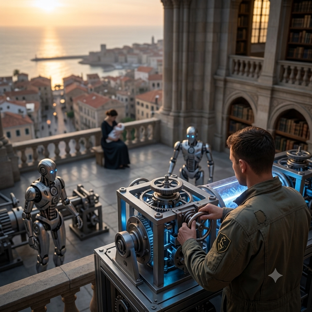 On a golden-hour terrace above a coastal town, a young inventor tends a working machine flanked by two quiet robots while his wife holds their sleeping daughter nearby